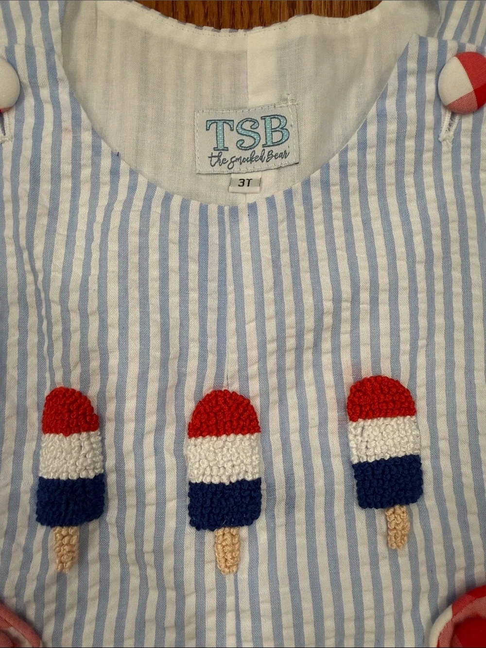 The Smocked Bear Blue & White Seersucker Popsicle Shortall